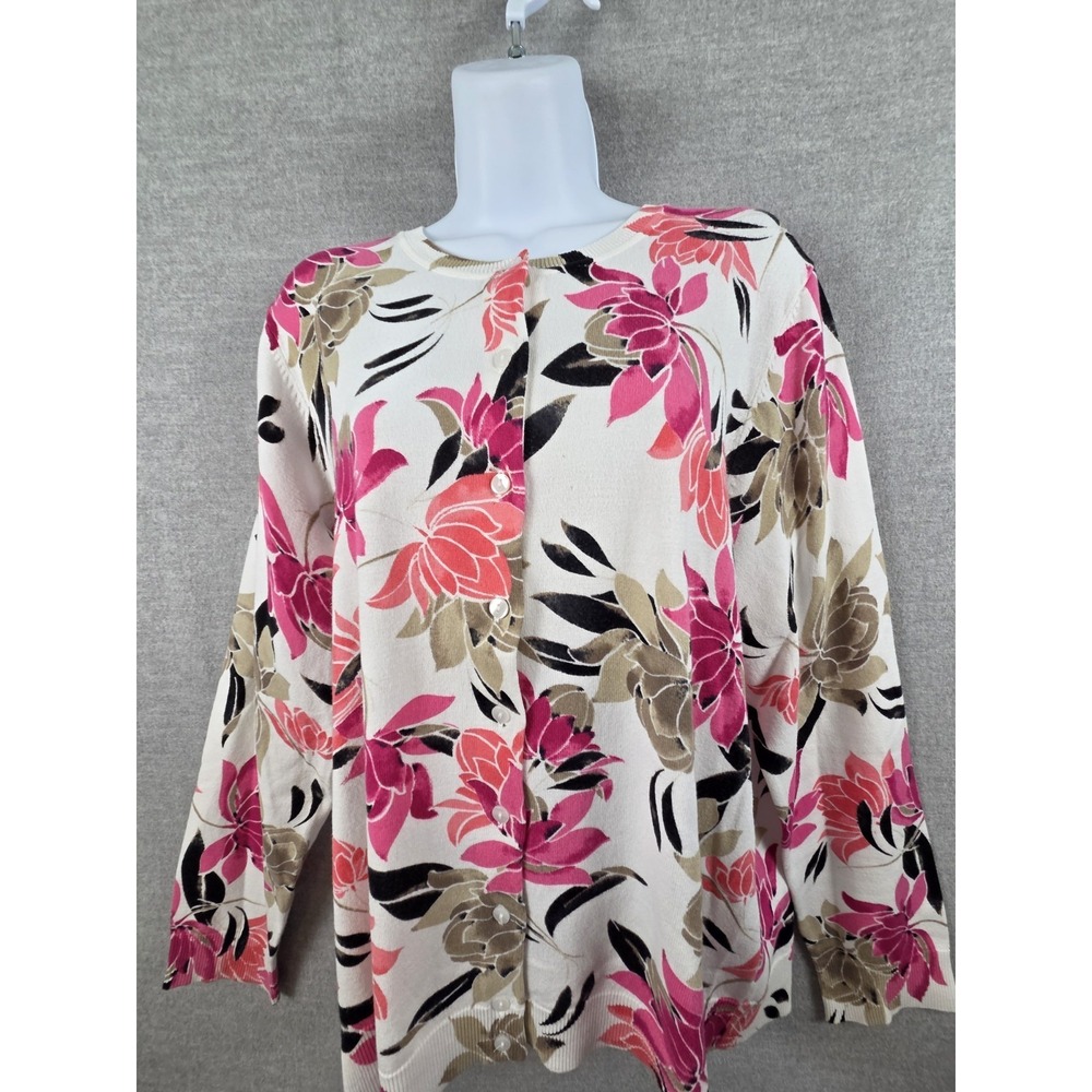 Karen Scott XL Cardigan Pink Peach Floral Old Money Cottagecore‎ Preppy Academia
